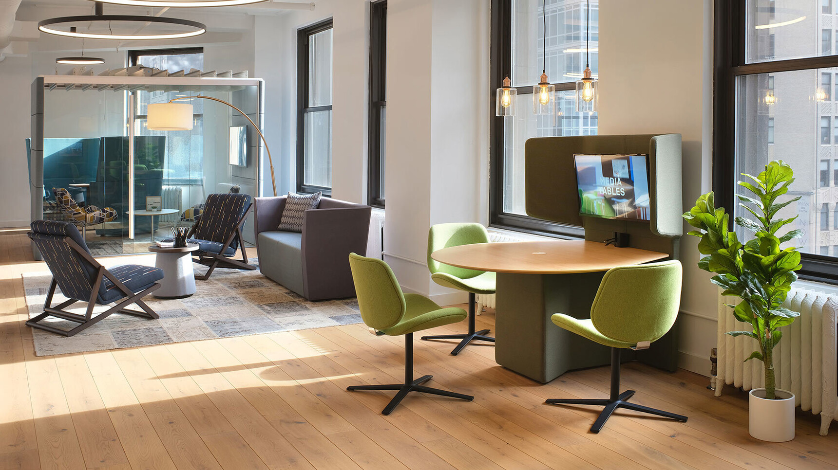 Orangebox Away From The Desk Media Unit With Three Chairs In Office Setting