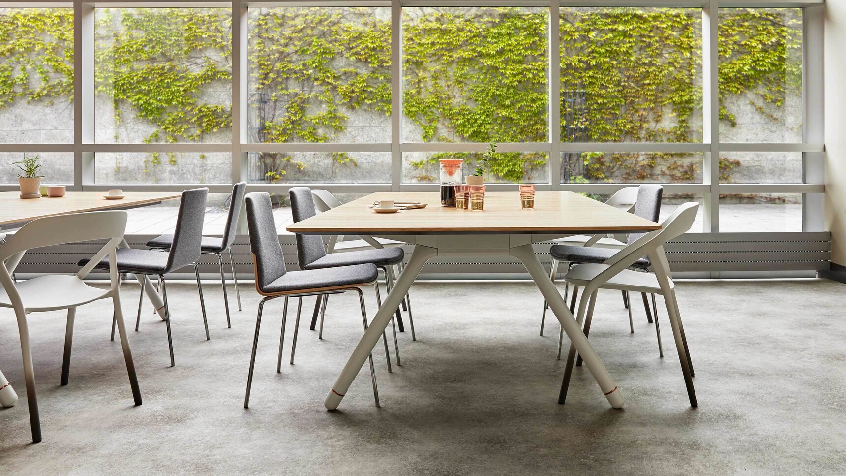 Coalesse Potrero415 Rectangular Meeting Tables Wood Top White Base In Office Environment