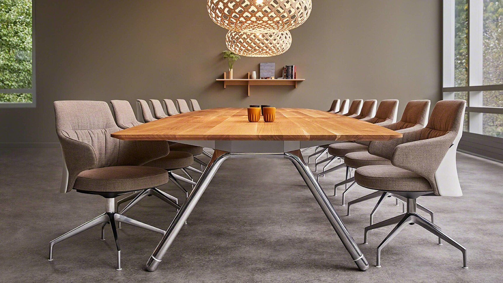 Coalesse Potrero415 Rectangular Meeting Table Wood Top Chrome Base With Massaud Chairs In Office Setting