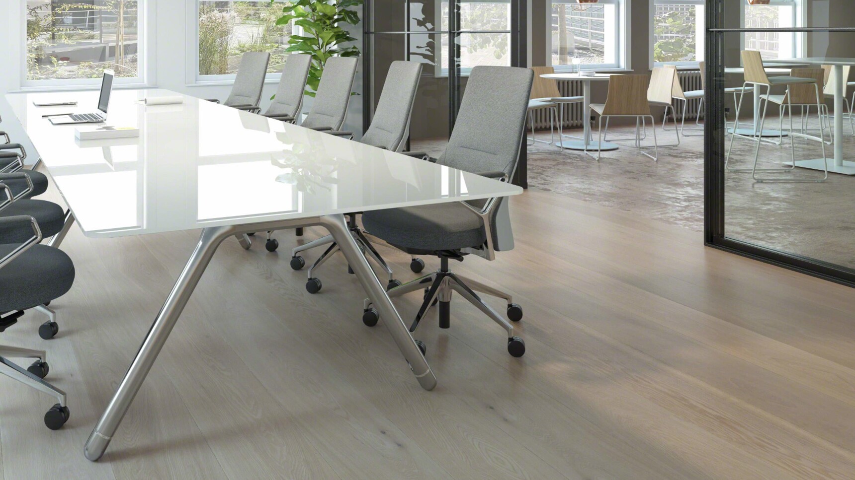 Coalesse Potrero415 Rectangular Meeting Table Glass Top Chrome Base In Office Setting