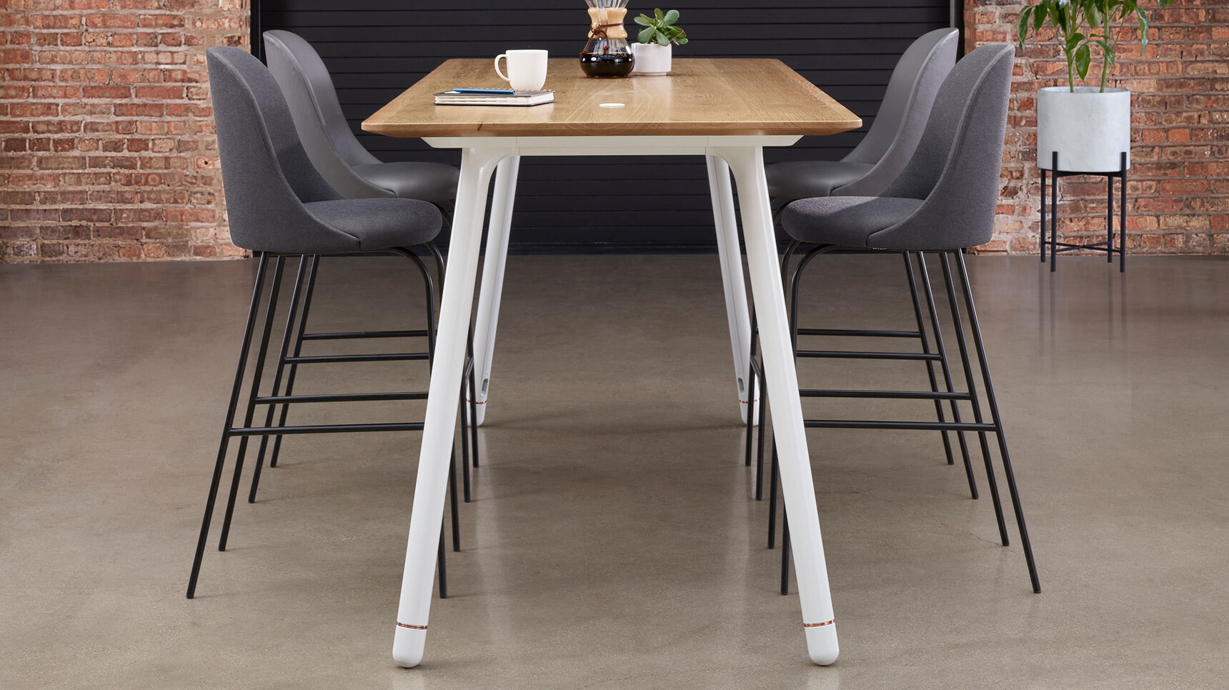 Coalesse Potrero415 Rectangular Poseur Height Table Wood Top White Base In Office Setting