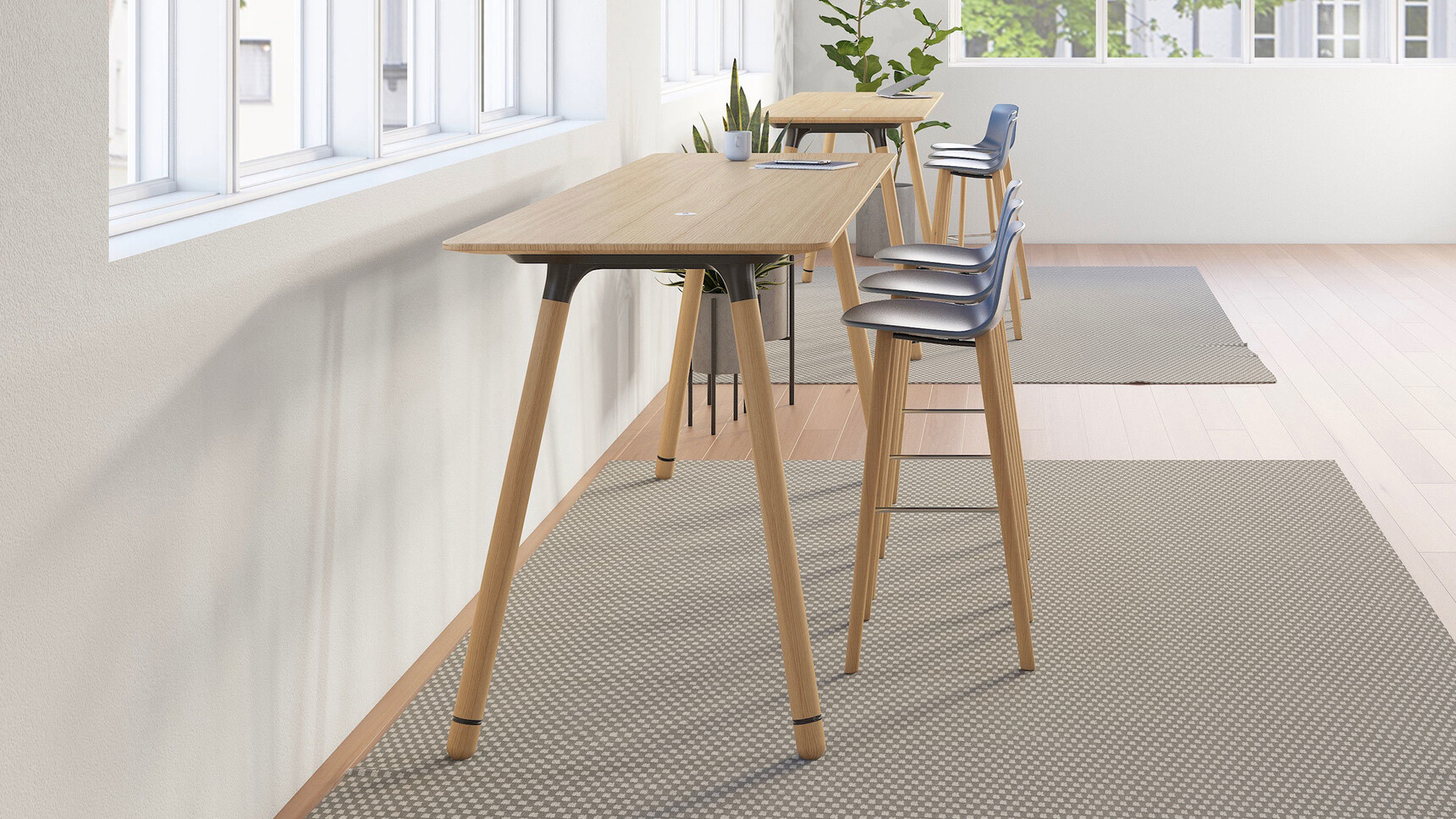 Coalesse Potrero415 Rectangular Poseur Height Tables Wood Finish In Office Setting