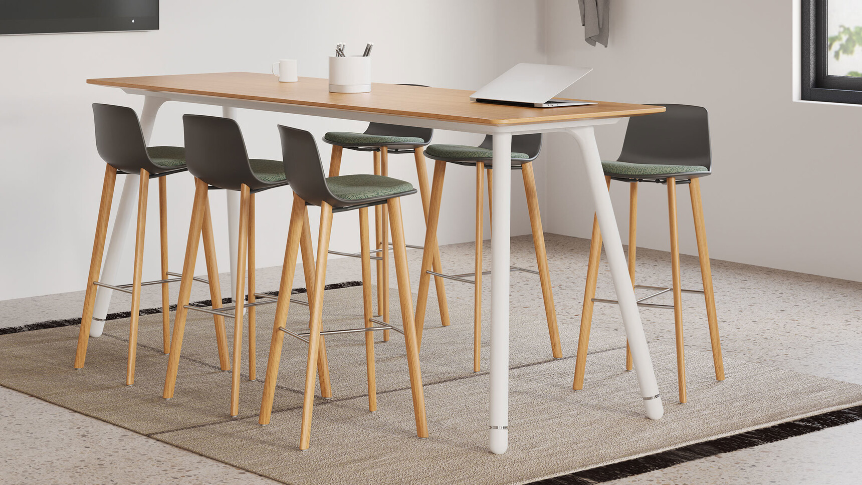 Coalesse Potrero415 Rectangular Poseur Height Table Wood Top White Base Finish In Office Environment