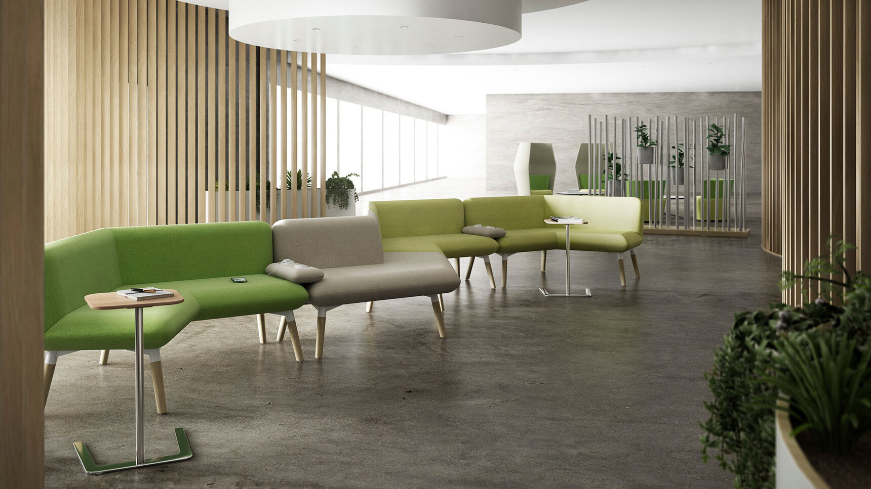 Two Boss Design Flamingo Laptop Tables With Wood Table Top Finish And Chrome Base Finish At Sofas With Green Upholstery