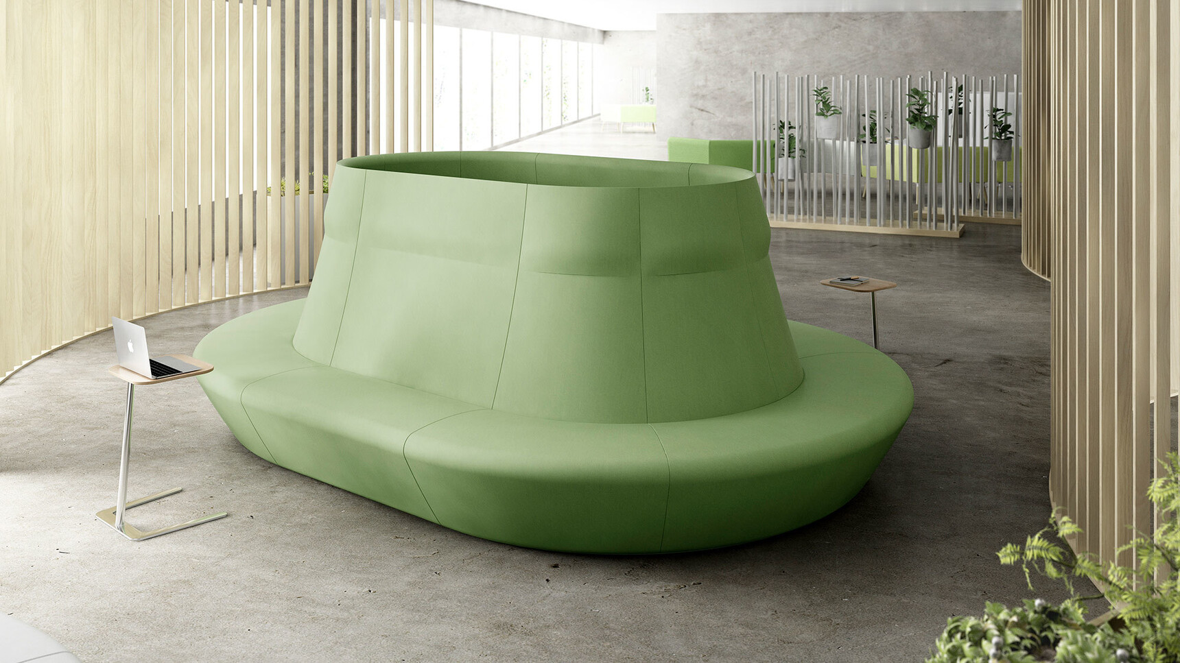 Two Boss Design Flamingo Laptop Tables With Wood Table Top Finish And Chrome Base Finish At Modular Seat In Green Upholstery