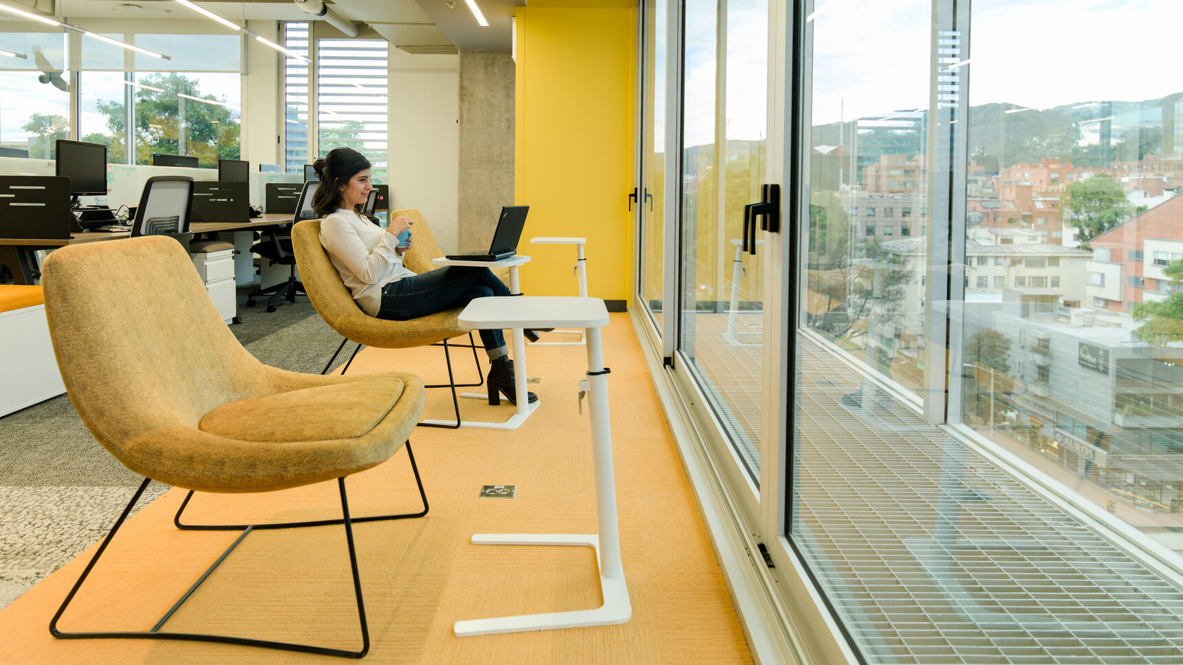 Three Boss Design Flamingo Laptop Tables With White Finish At Chairs With One In Use
