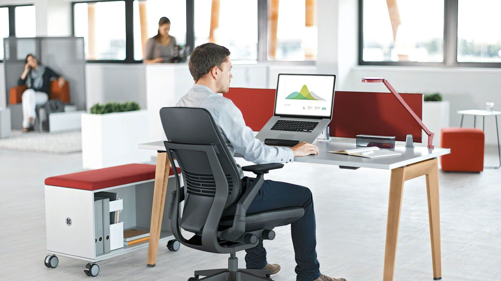 Steelcase Gesture Shell Back Office Chair Black Upholstery Black Frame Arms Base Finish In Use At Desk With Pedestal