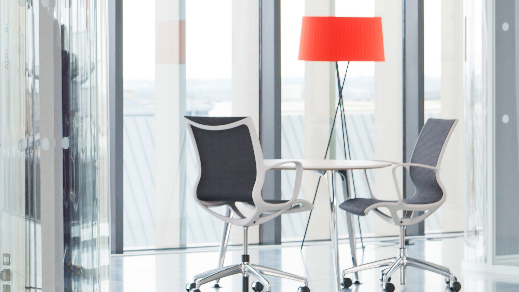 Two Boss Design Kara Office Chairs with Arms One With Black Upholstery And Grey Upholstery And Polished Aluminium Base On Castors