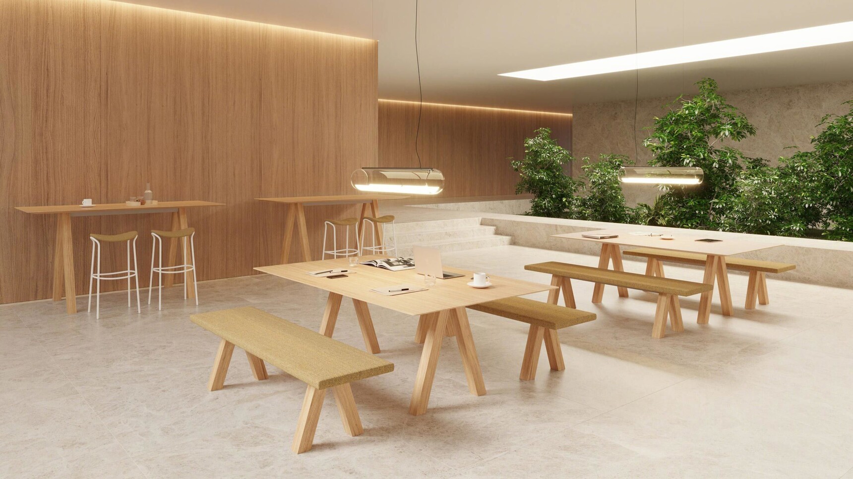 Viccarbe Trestle Upholstered Benchs With Trestle Tables In Office Setting