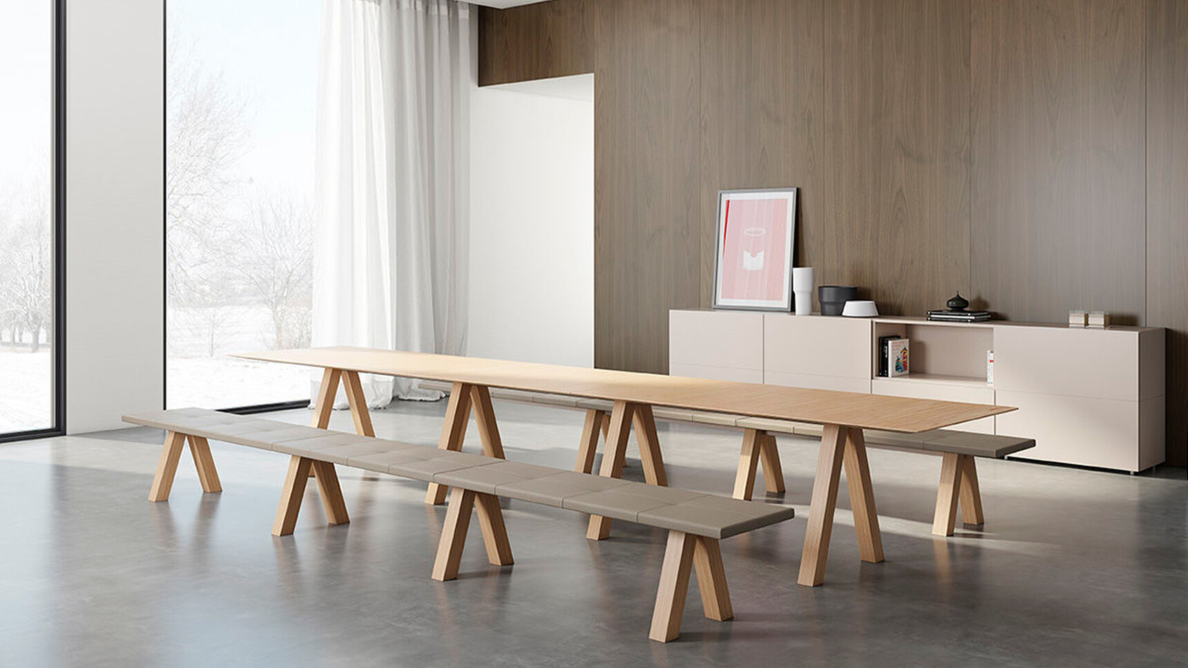 Viccarbe Trestle Upholstered Benches At Trestle Table In Office Environment