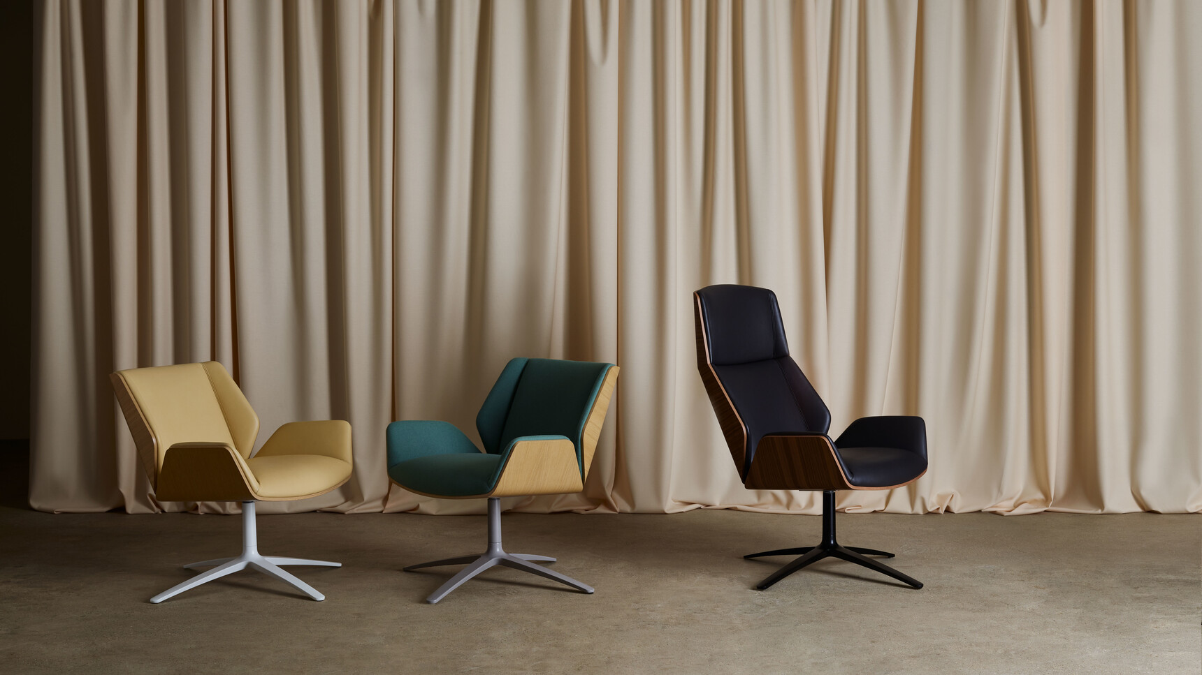 Boss Design Kruze Lounge High Back Chair With Wood Frame And Dark Blue Upholstery And Black Base Finish And Two Kruze Lounge Low Back Chairs With Wood Frame And Yelllow And Green Upholstery White Silver Bases