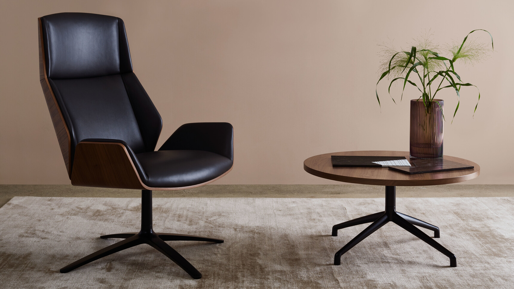 Boss Design Kruze Lounge High Back Chair With Wood Frame And Black Upholstery And Black Base Finish At Coffee Table With Wood Finish And Back Leg Finish