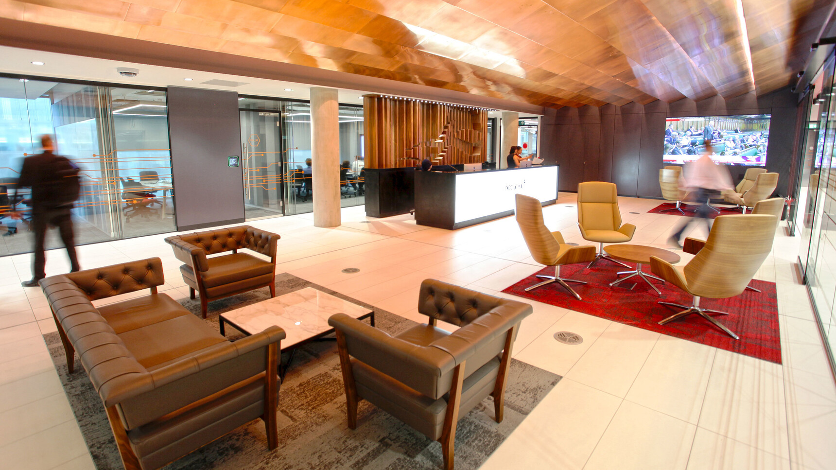 Six Boss Design Kruze Lounge High Back Chairs With Wood Frame And Yellow Upholstery And Polished Aluminium Base Finish At Coffee Table With Wood Finish And Polished Aluminium Base