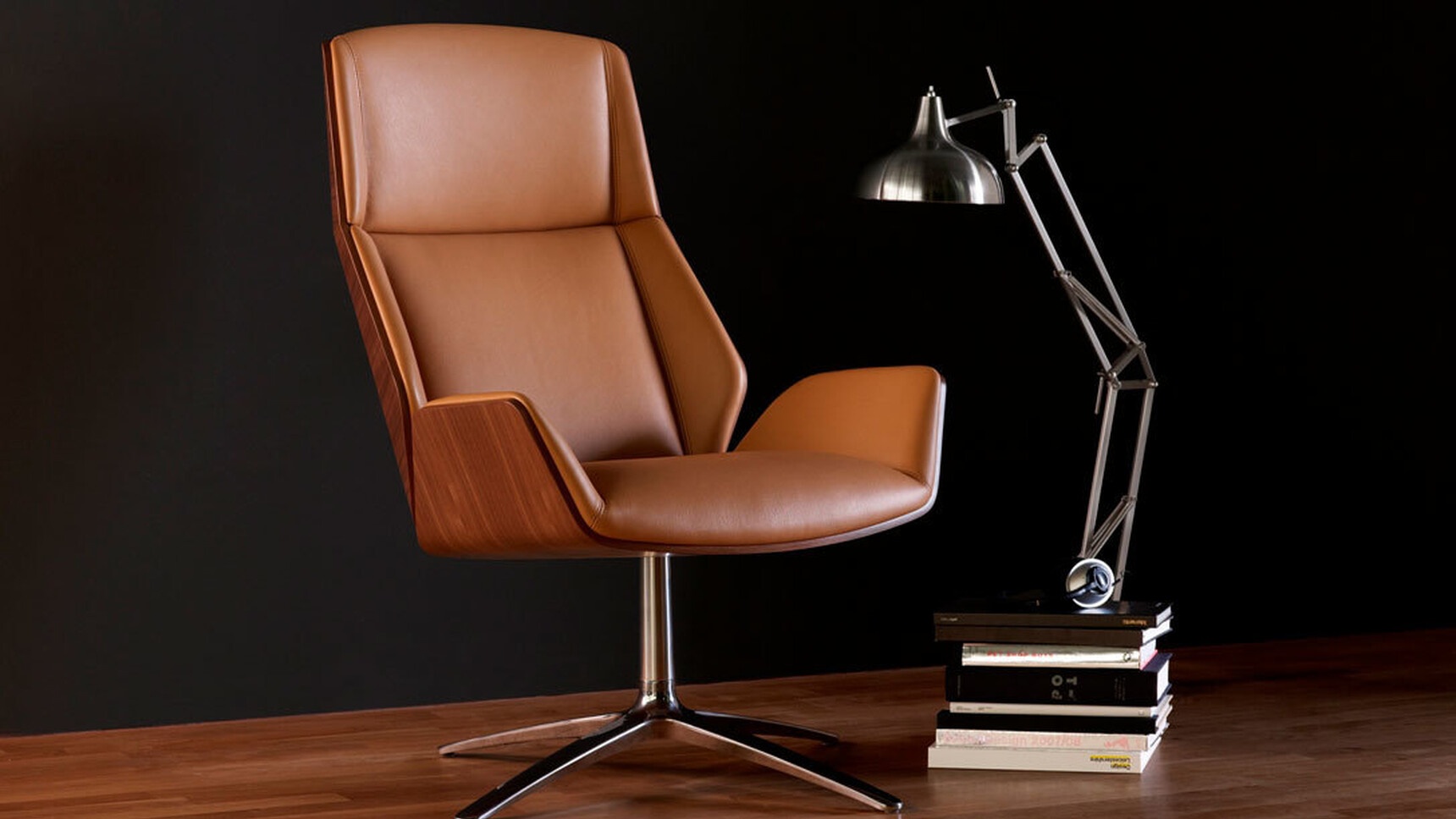 Boss Design Kruze Lounge High Back Chair With Wood Frame And Brown And Polished Aluminium Base At Light