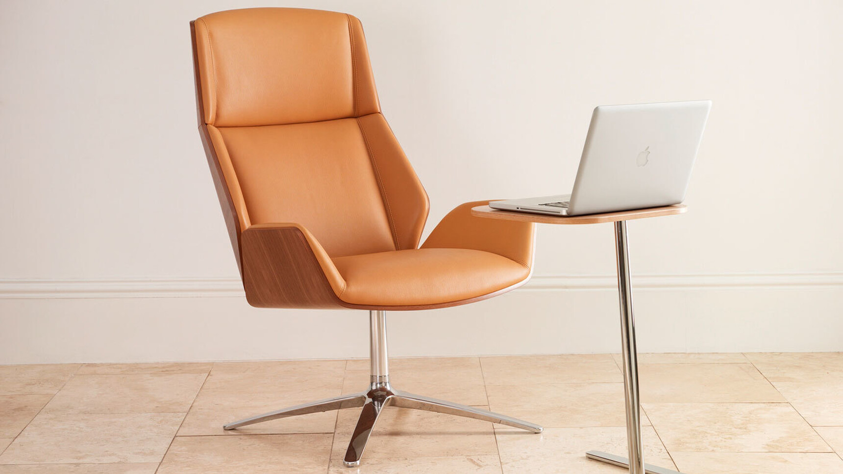 Boss Design Kruze Lounge High Back Chair With Wood Frame And Orange Upholstery With Polished Aluminium Base At Flamingo Laptop With Wood Table Top Finish And Polished Chrome Base