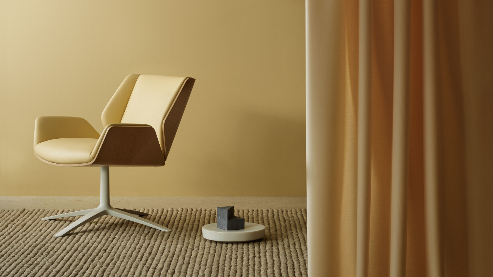 Boss Design Kruze Lounge Low Back Chair With Yellow Upholstery And Wood Frame And White Four Star Base Finish