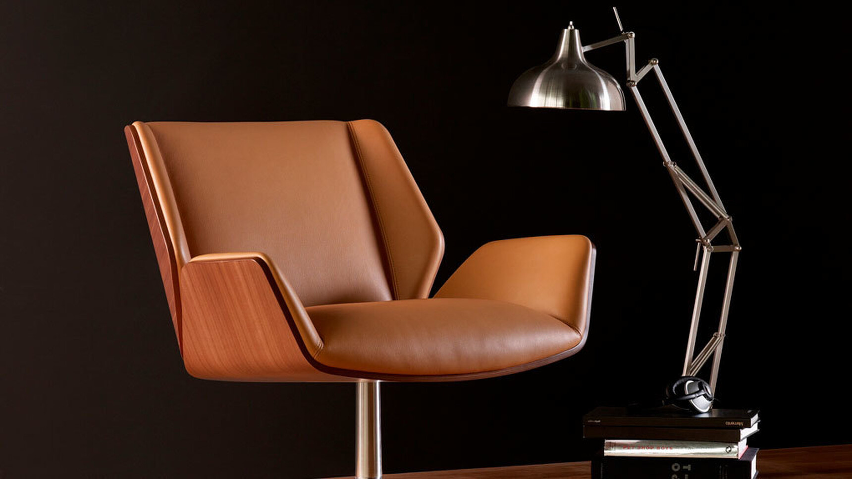 Boss Design Kruze Lounge Low Back Chair With Brown Leather Upholstery And Wood Frame Finish And Polished Chrome Base At Lamp