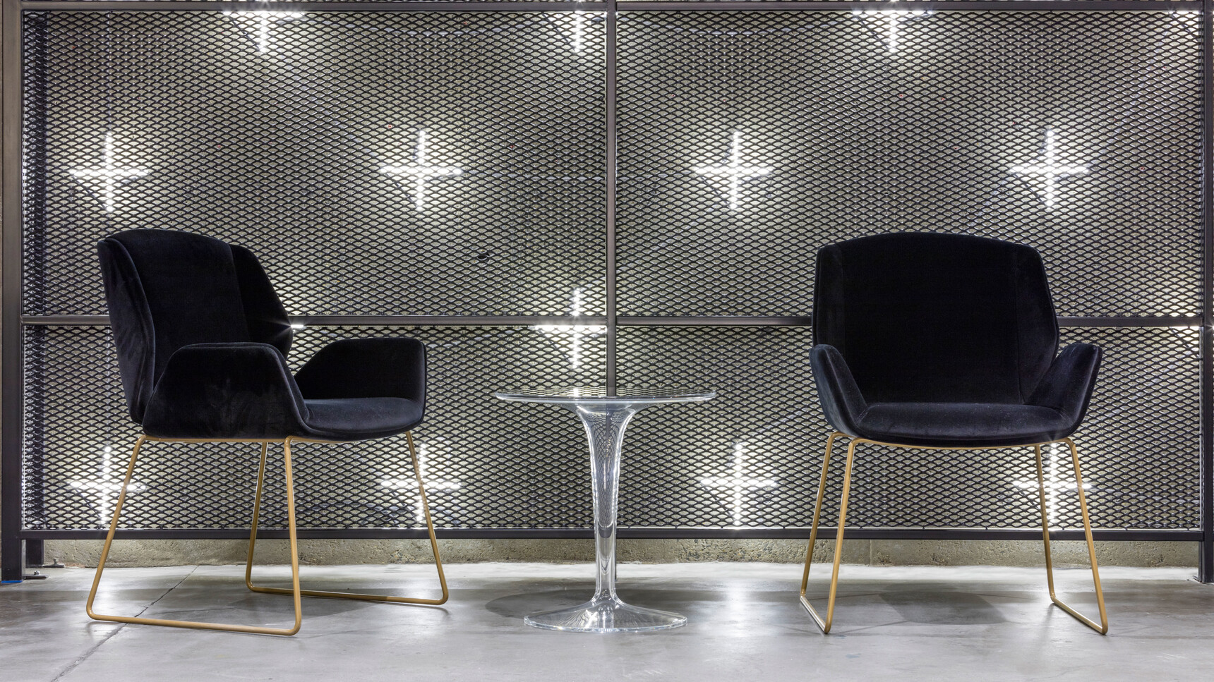 Two Boss Design Kruze Sled Base Side Chairs With Black Upholstery And Dark Yellow Wire Sled Base At Transparent Table