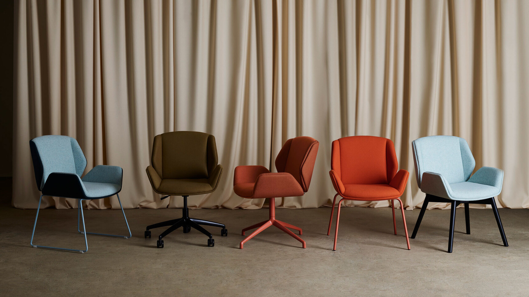 Five Boss Design Kruze Chairs Showing The Various Range Of Chairs In The Collection With Sled Base On Castors Four Star Base Four Leg And Four Wooden Leg