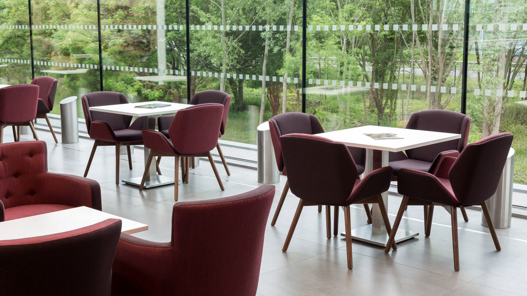 Nine Boss Design Kruze Wooden Base Side Chairs With Purple Upholstery And And Dark Red Frame On Dark Four Leg Wooden Base Finish At Tables