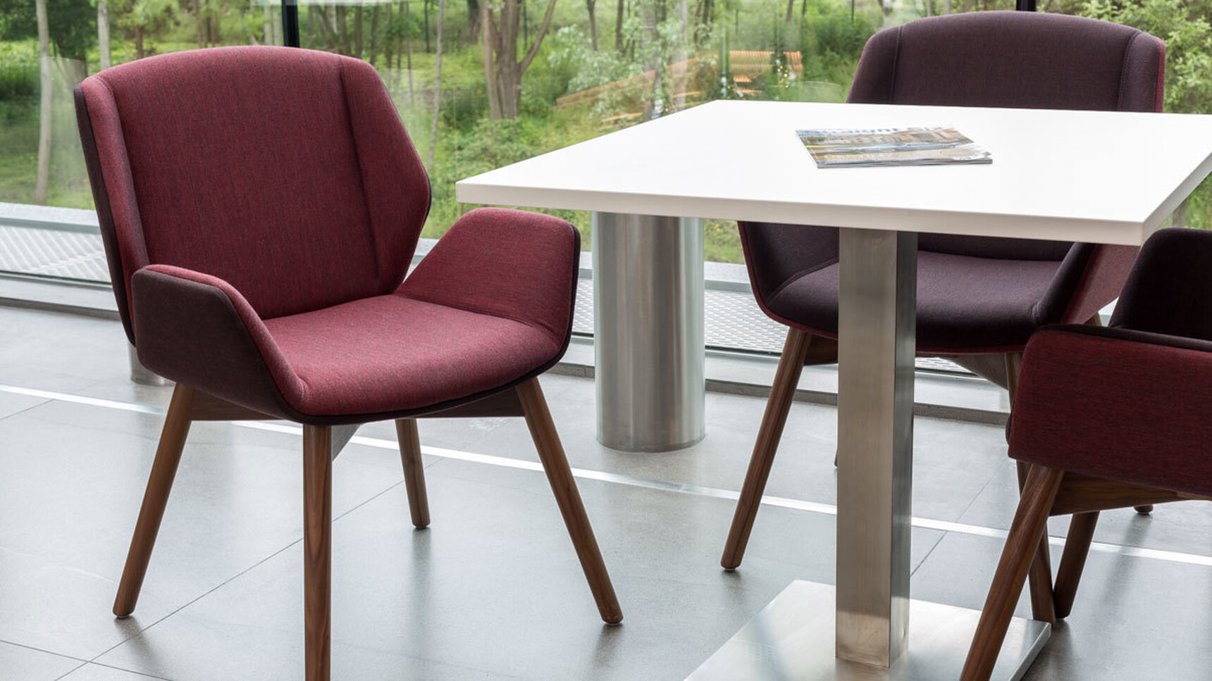Three Boss Design Kruze Wooden Base Side Chairs Two With Purple Upholstery And And Dark Red Frame And One With Dark Red Upholstery And Purple Upholstery Frame With Dark Four Leg Wooden Base Finish At Desks