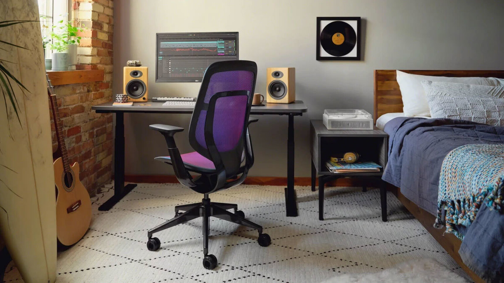 Steelcase Karman Office Chair Purple Upholstery At Height Adjustable Desk Family Image