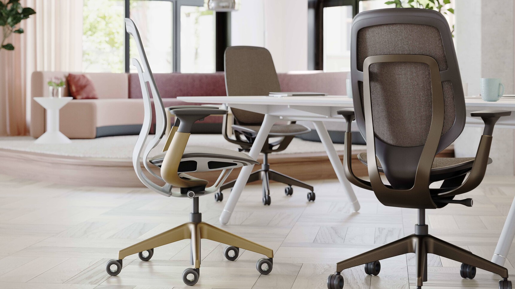 Three Steelcase Karman Office Chairs With Lux Finishes At Table