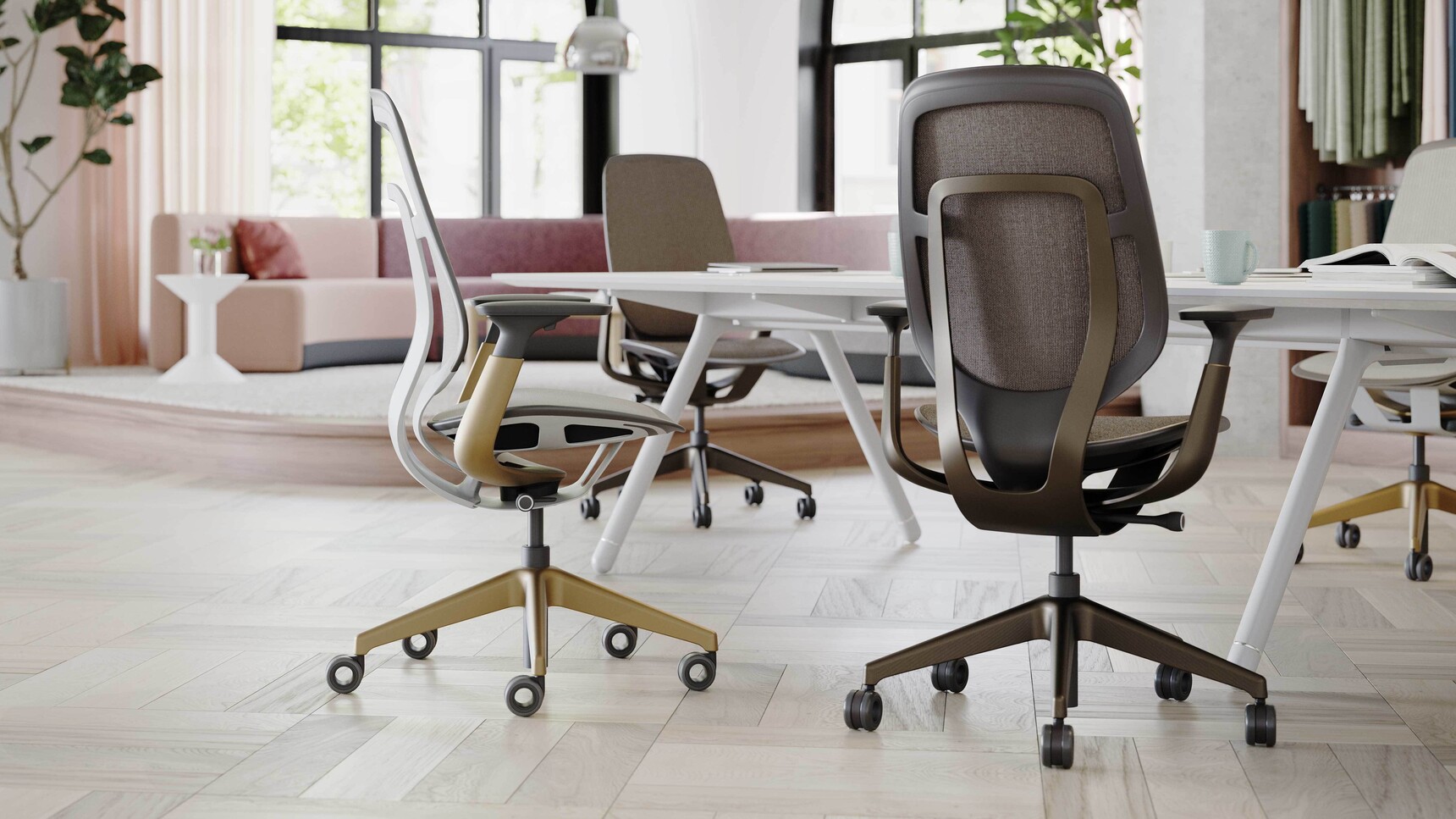 Four Steelcase Karman Office Chairs With Lux Finishes At Table