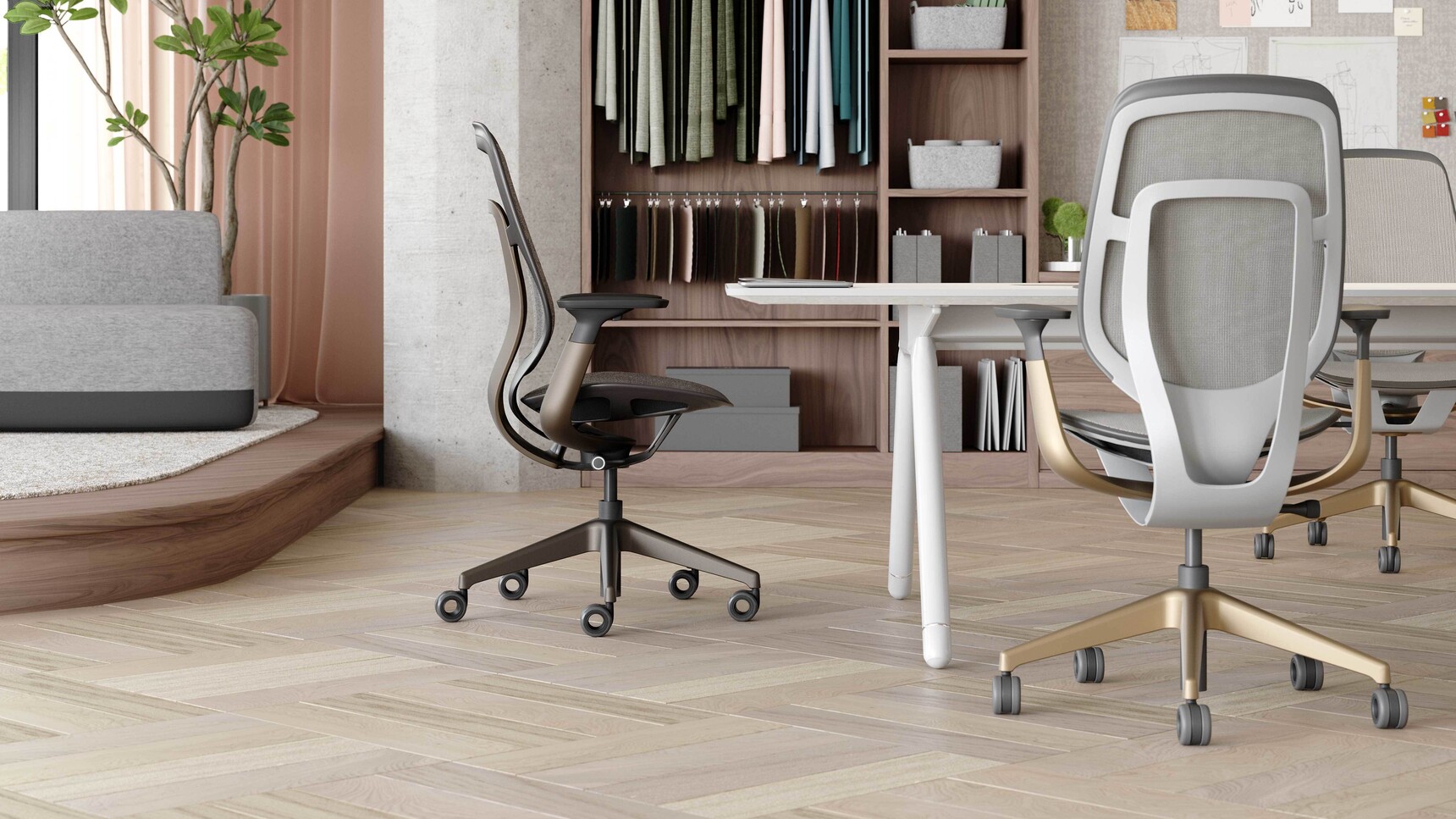 Three Steelcase Karman Office Chairs With Lux Finishes At Table In Office Setting