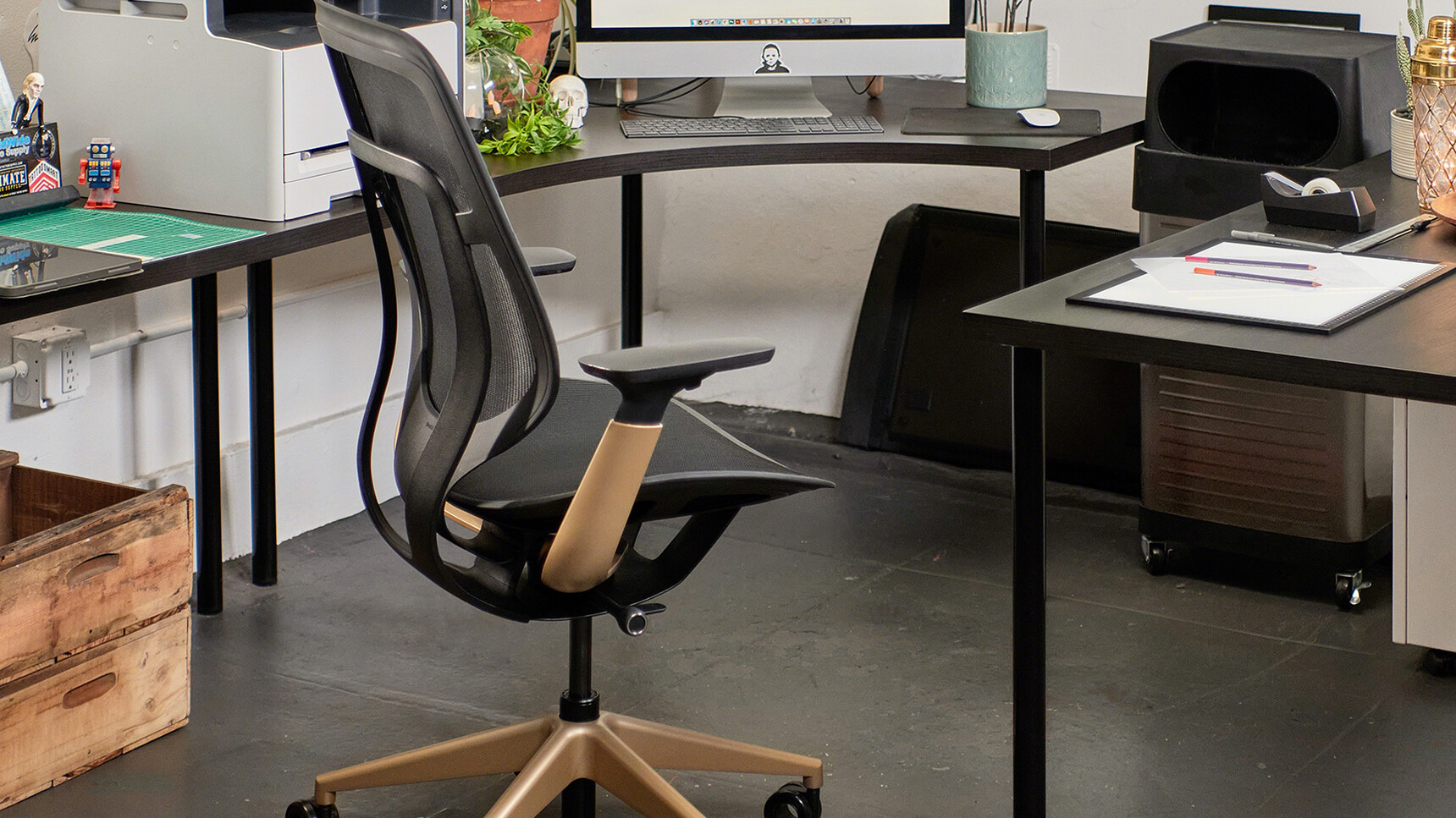 Steelcase Karman Office Chair Lux Finish Matte Brass Finish At Desk Detail Image