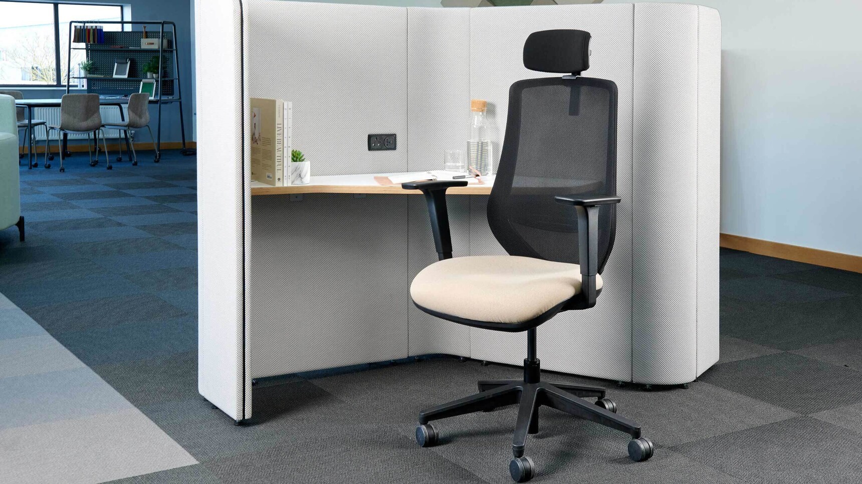 Ocee Four Design Emi Mesh Back Office Chair Grey Seat At Desk With Headrest Overhead Angle