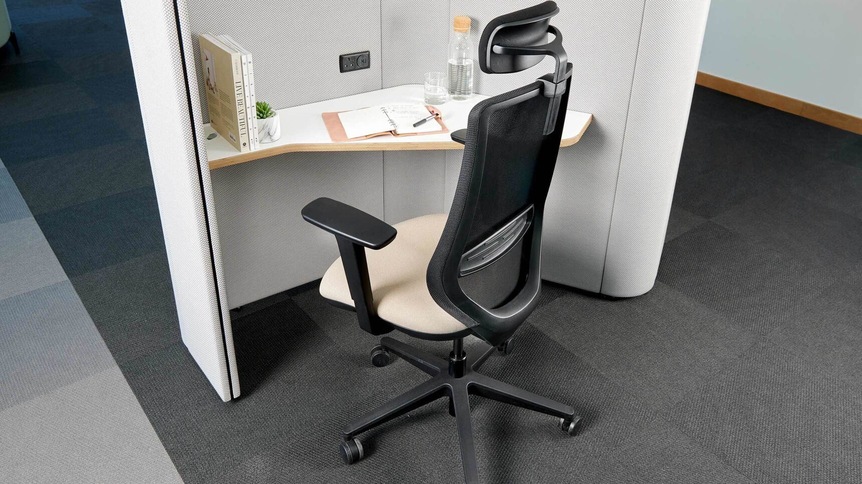 Ocee Four Design Emi Mesh Back Office Chair At Desk With Headrest Back Angle Black Frame.jpg