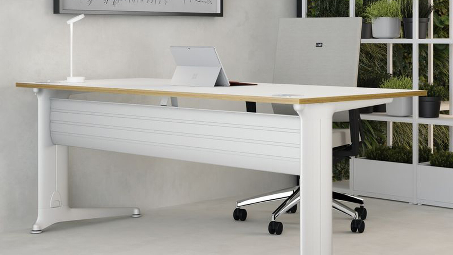 Elite Office Furniture Kassini Rectangular Desk Silver Finish With Chair At Desk Family Image