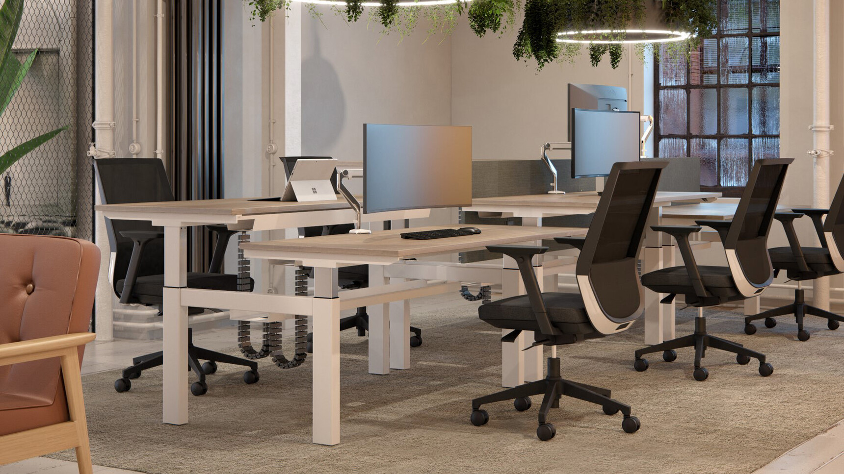Elite Office Furniture Progress Plus Electric Height Adjustable Bench Desks In Office Setting
