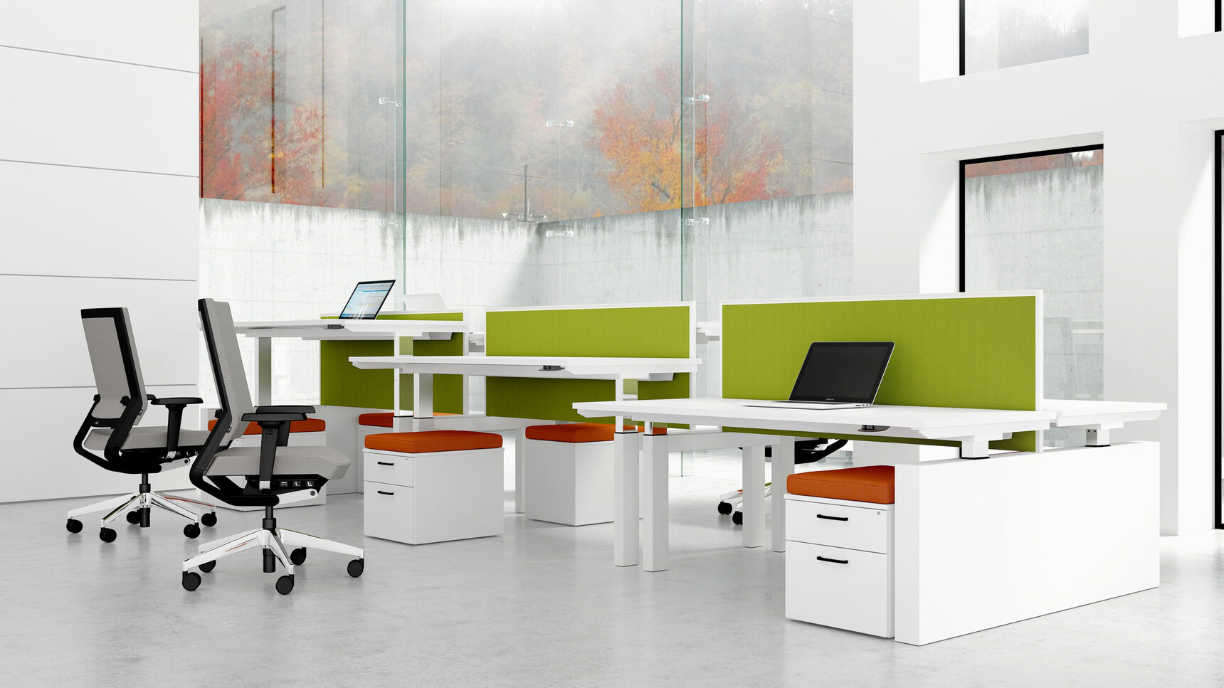 Elite Office Furniture Progress Plus Electric Height Adjustable Bench Desks White Finish In Office Setting