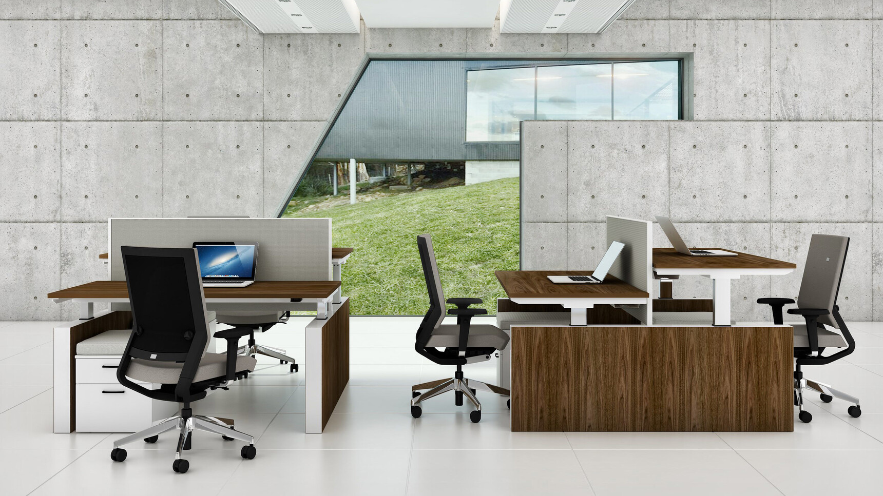 Two Elite Office Furniture Progress Plus Electric Height Adjustable Bench Desks Wood Finish In Office Setting