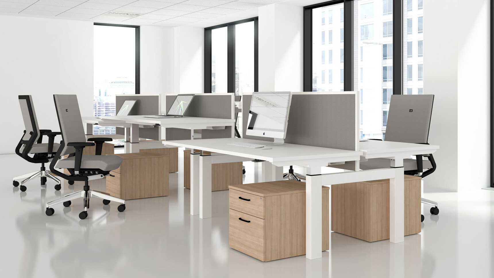 Elite Office Furniture Progress Plus Electric Height Adjustable Bench Desks White Finish Family Image