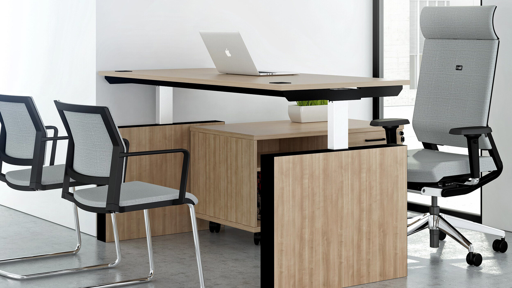 Elite Office Furniture Progress Plus Electric Height Adjustable Desk Wood Finish With Chair At Desk Family Image