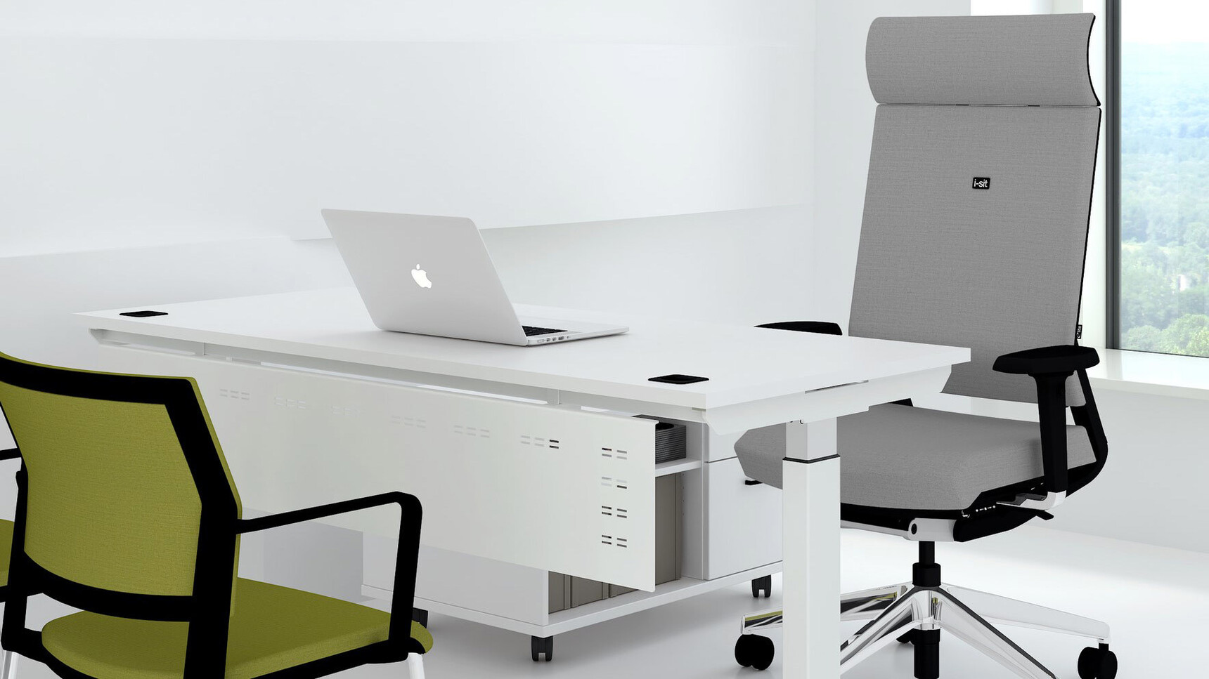 Elite Office Furniture Progress Plus Electric Height Adjustable Desk White Finish With Chair At Desk Family Image