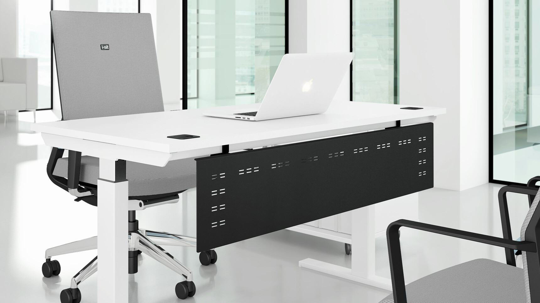 Elite Office Furniture Progress Plus Electric Height Adjustable Desk White Finish With Modesty Panel Family Image