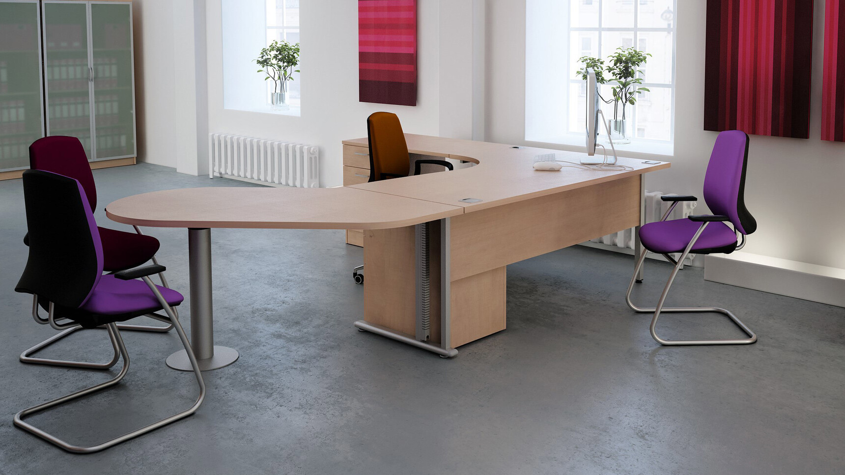 Elite Office Furniture Flexi Crescent Workstation with Three Drawer Desk High Pedestal Wood Finish In Office Setting