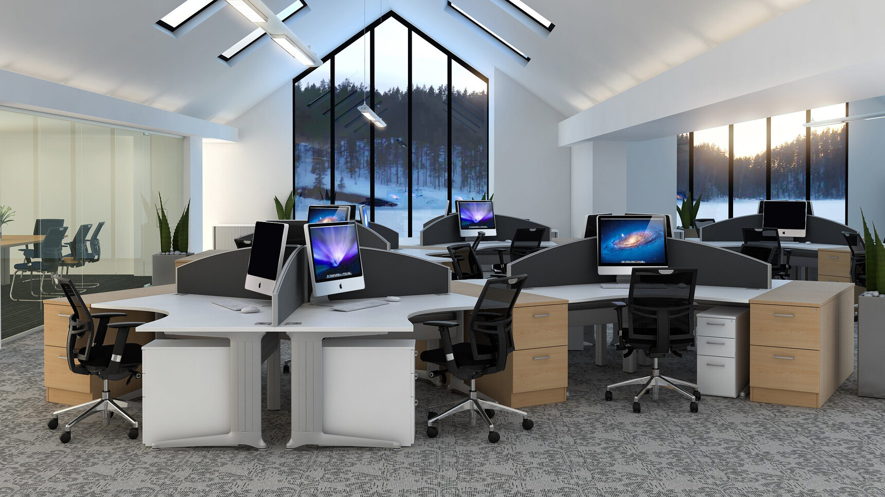 Elite Office Furniture Kassini 120 Degree Workstations White Table Top In Office Setting