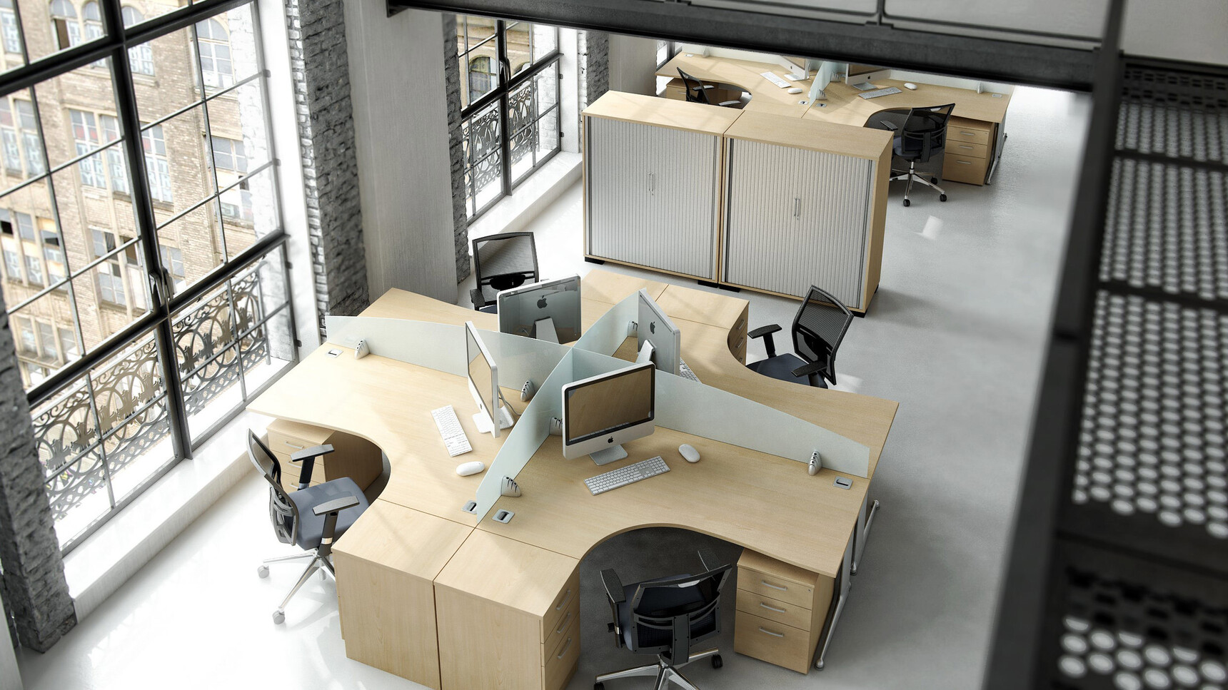 Elite Office Furniture Kassini Bow Fronted Crescent Workstations with Three Drawer Desk High Pedestals In Office Setting