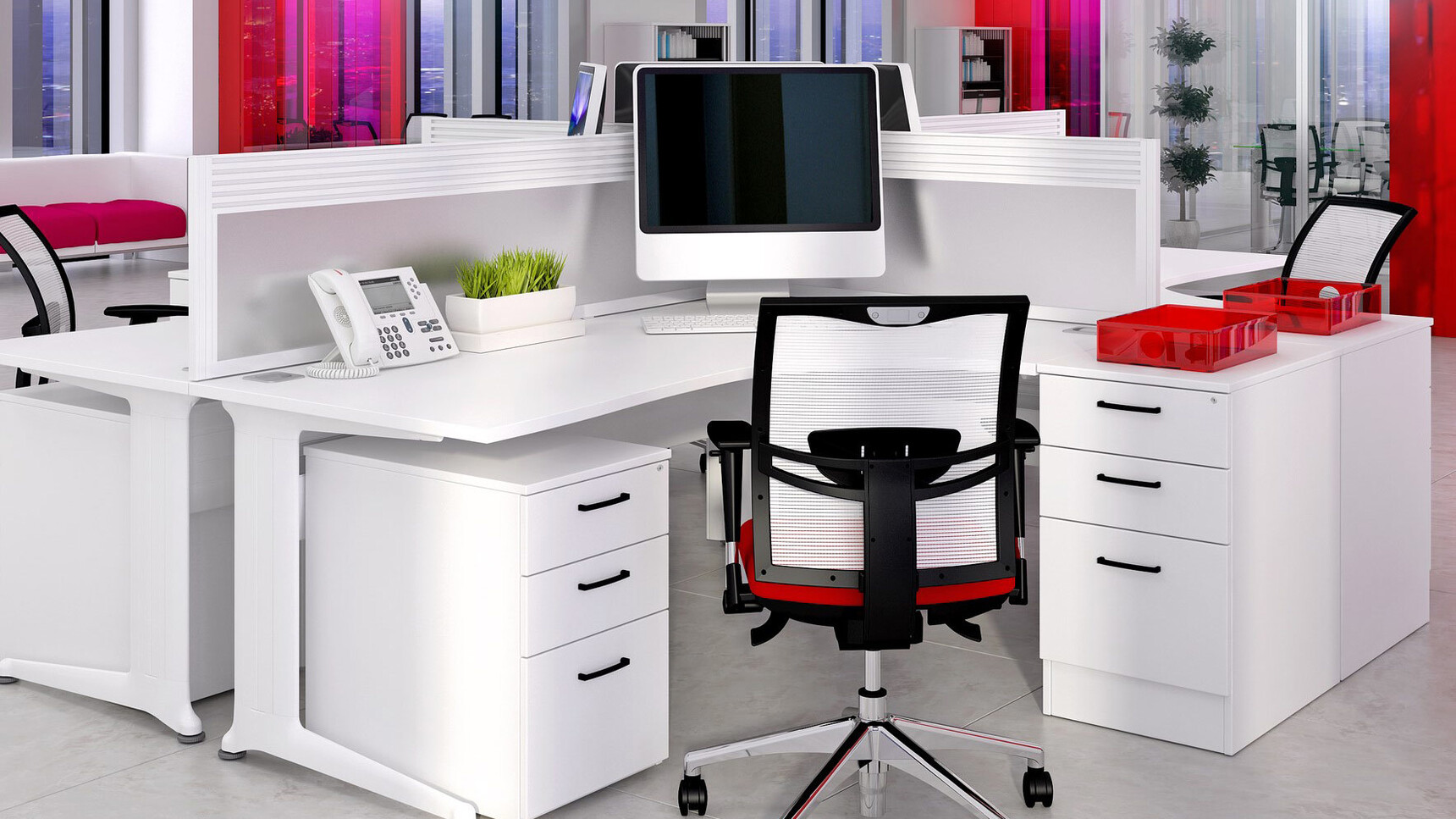 Elite Office Furniture Kassini Crescent Workstations White Finish In Office Setting
