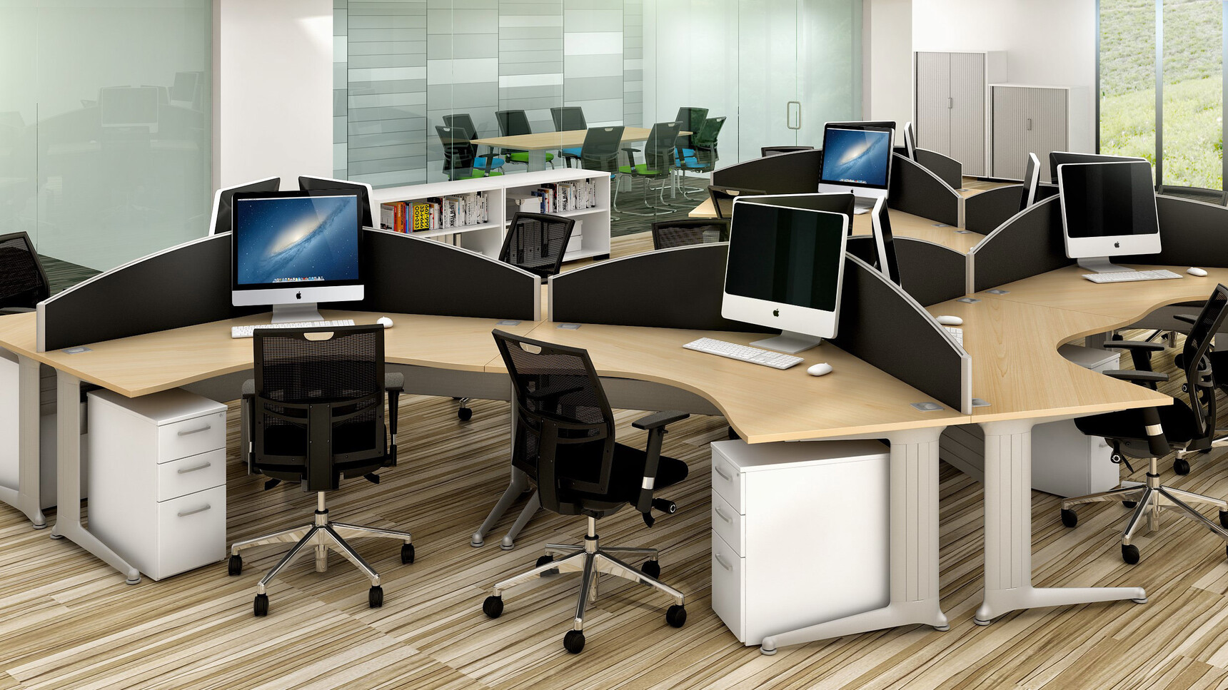 Elite Office Furniture Kassini Symmetrical Crescent Workstations Wood Top In Office Setting
