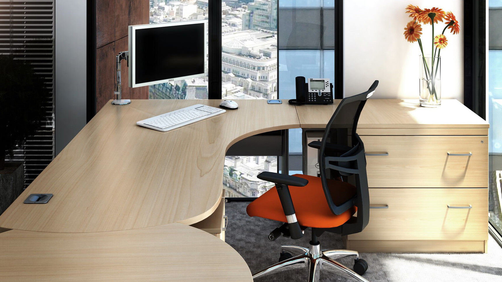 Elite Office Furniture Kassini Radius Crescent Workstation With Chair And Flowers Detail Image