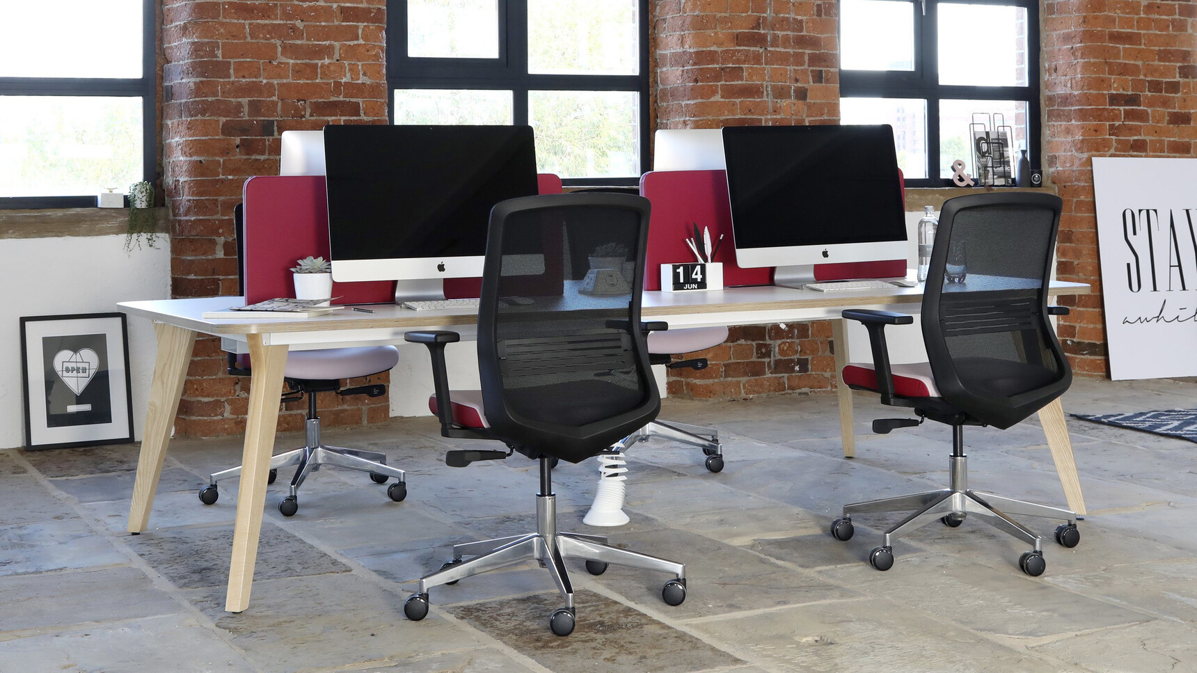 Elite Office Furniture Lux Double Bench Desk With Chairs In Office Setting