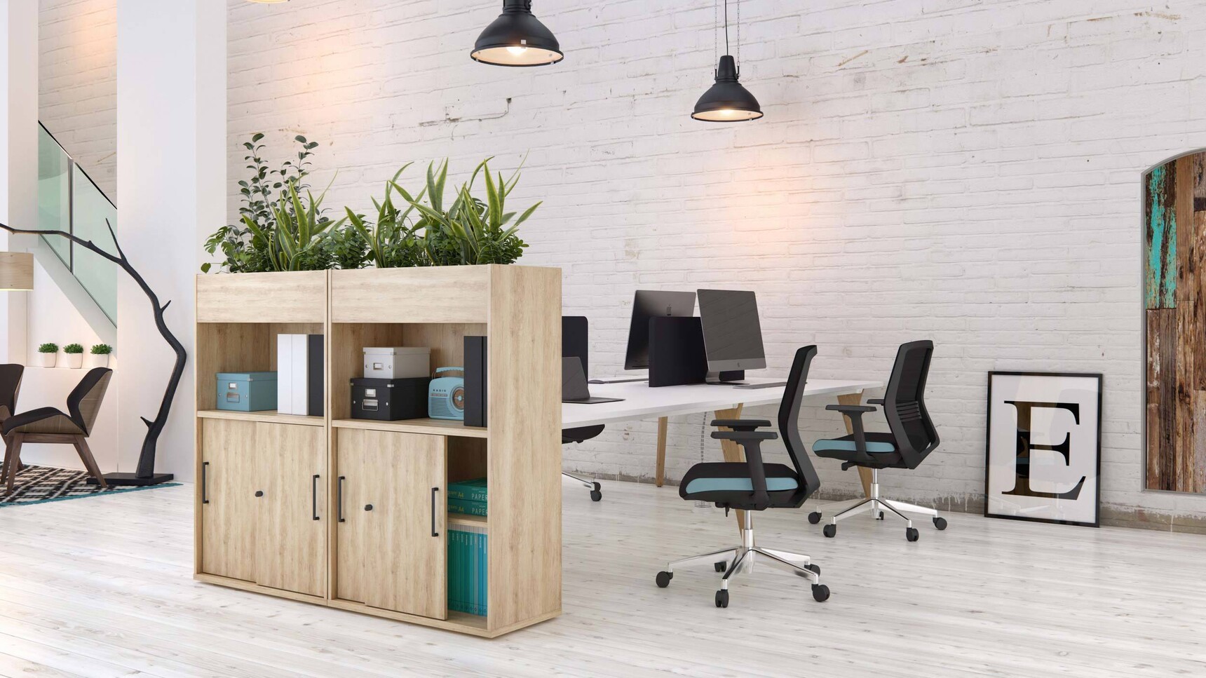 Elite Office Furniture Lux Double Bench Desk White Top With Storage In Office Setting