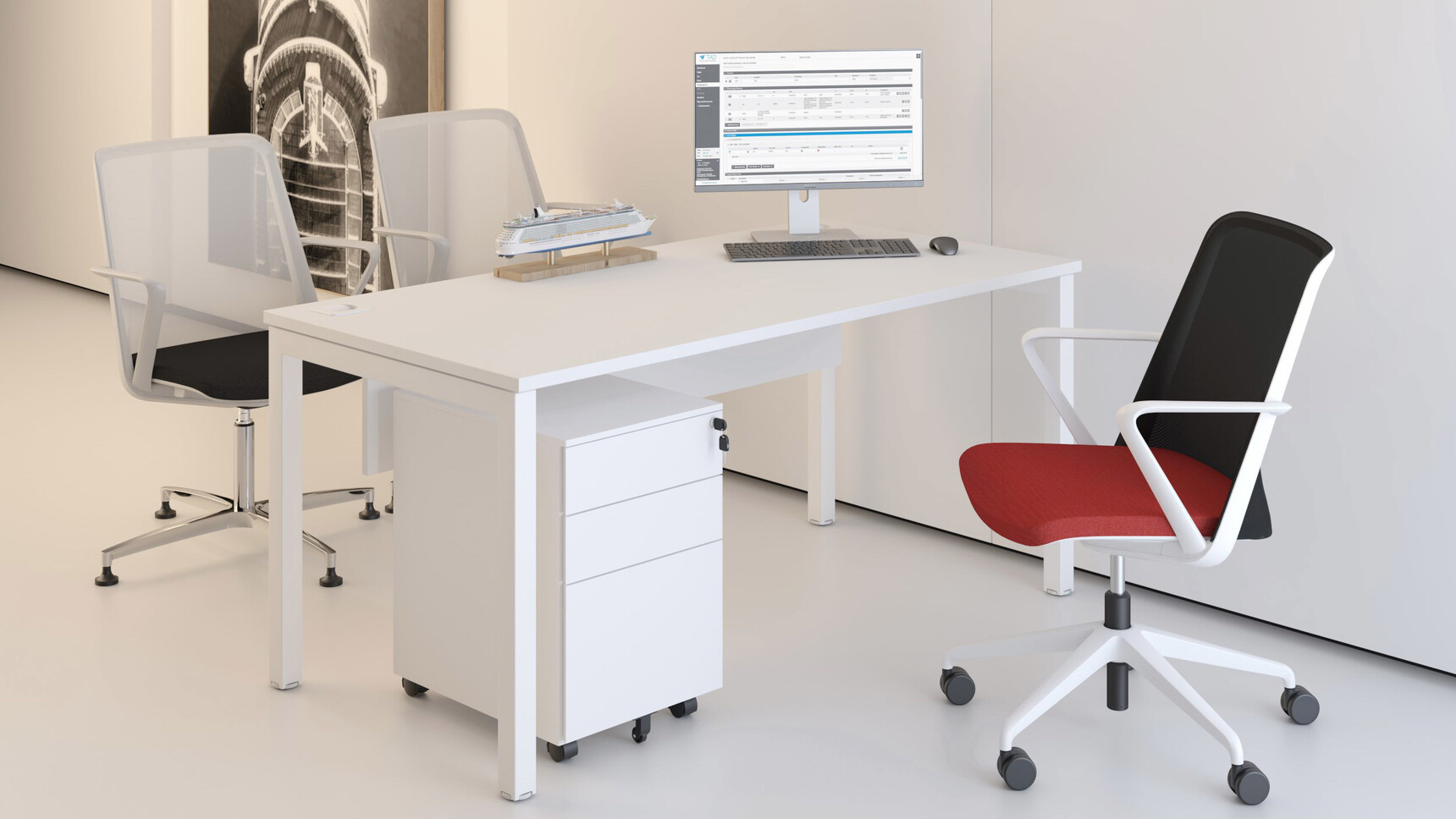 Elite Office Furniture Matrix Rectangular Desk White Finish With Chair In Office Setting