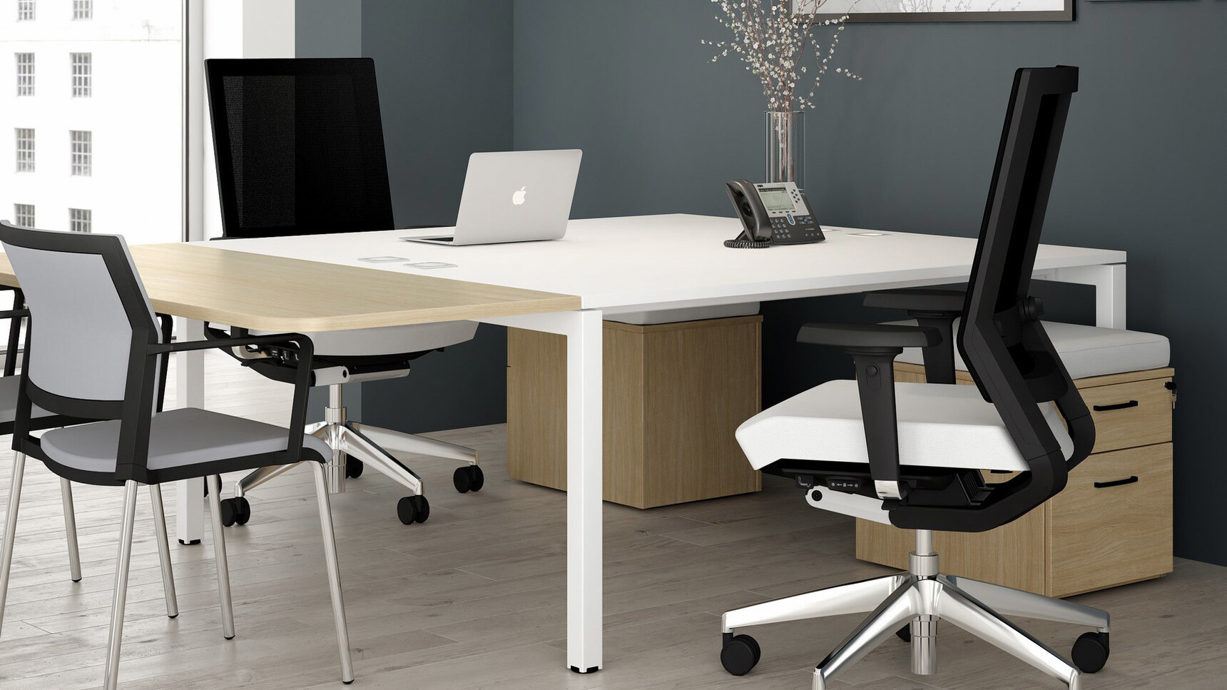 Elite Office Furniture Matrix Bench Desk White Finish With Two Chairs Family Image
